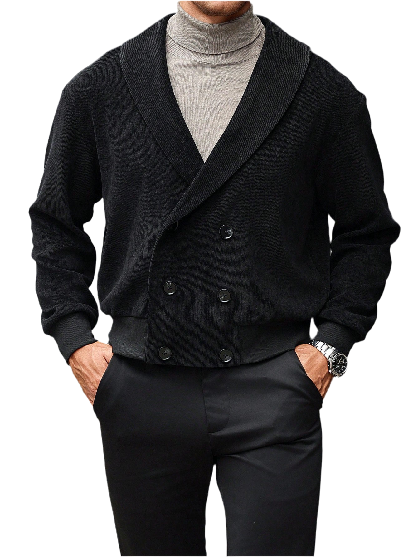 Manfinity Bizformal Men’s Shawl Collar Double-Breasted Jacket – Black Autumn & Winter Knit Blazer
