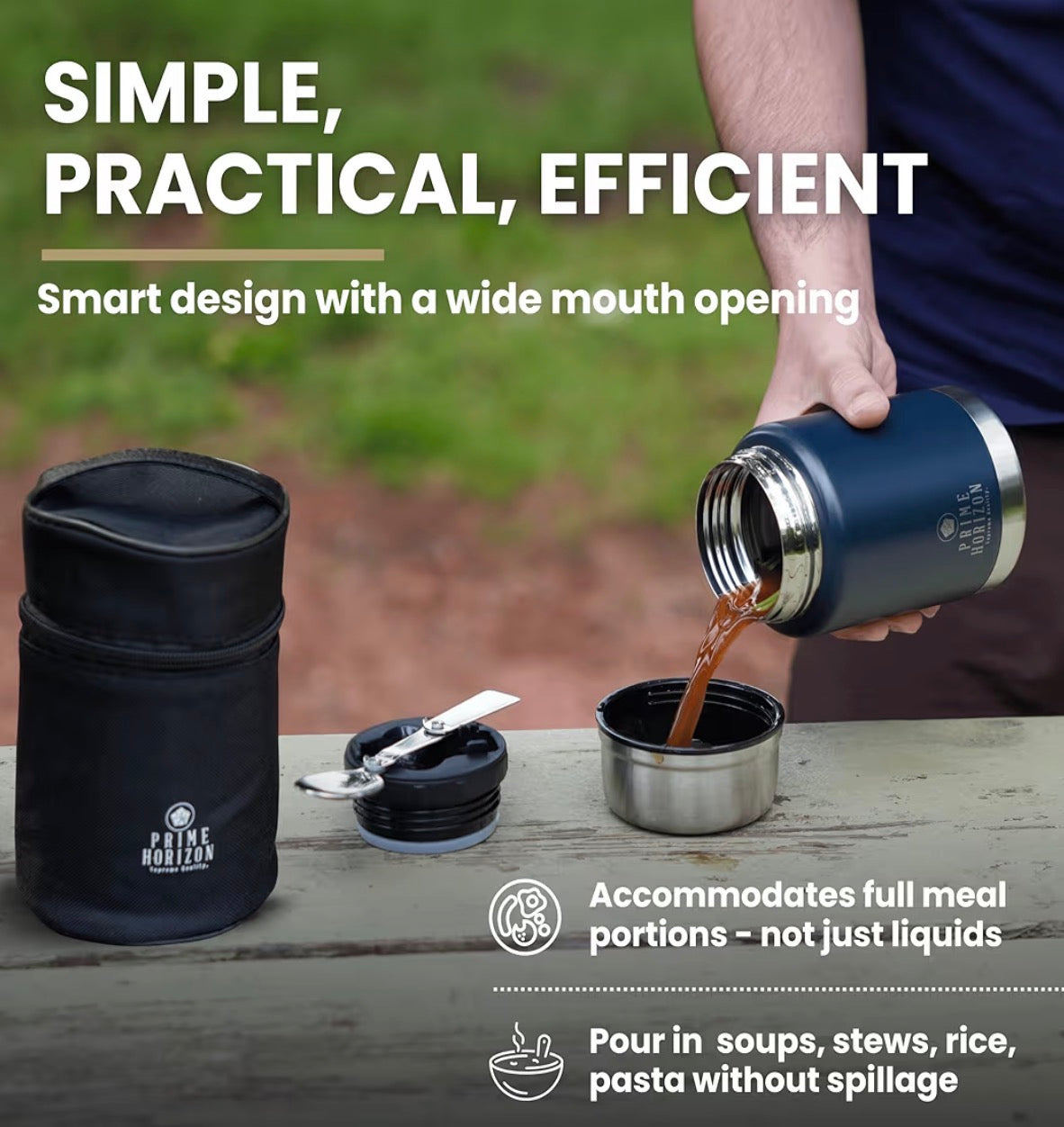 Prime Horizon Food Flask - 500ml Stainless Steel Vacuum Double Wall Jar with Folding Spoon, Leakproof and BPA Free. Free Insulated Travel Bag with Carabiner and Gift Box