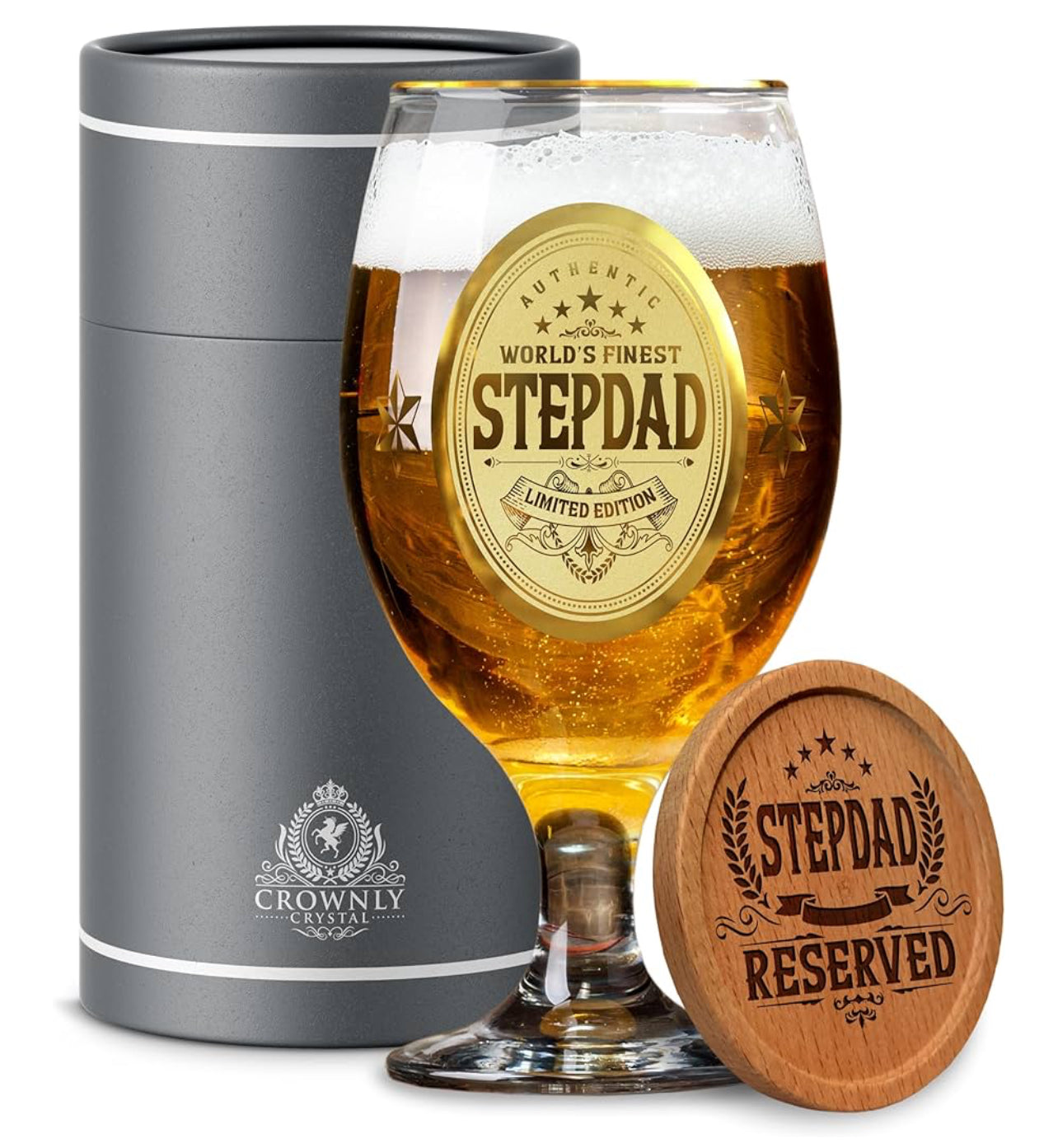CROWNLY CRYSTAL® Step Dad Birthday Gifts Personalised Beer Glass Fathers Gifts from Daughter Son Pint Engraved Glass