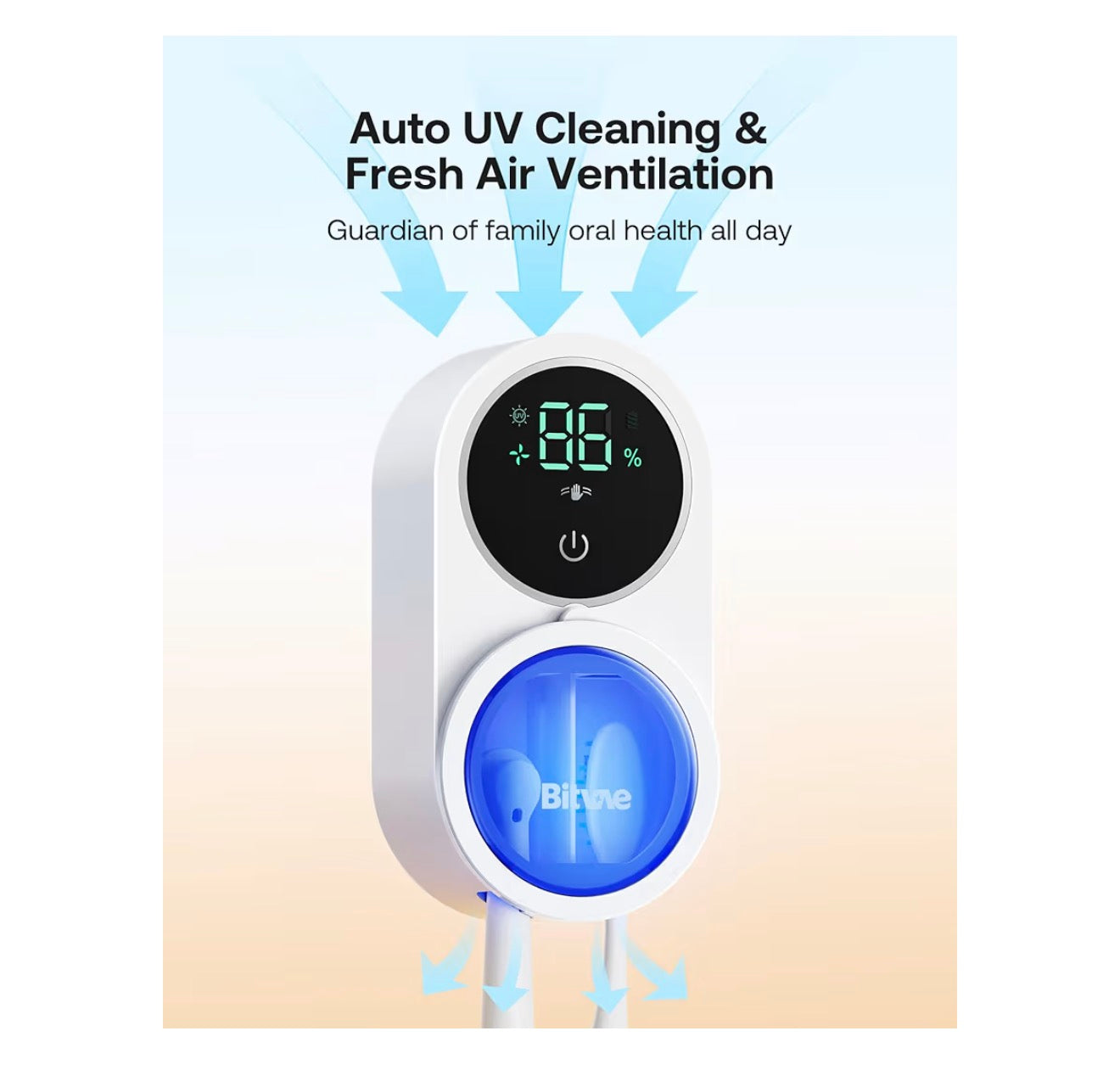 Bitvae Toothbrush Holder & Toothbrush Cleaner, Cleaning and Air Drying, LED Smart Screen, Rechargeable Wall Mount Toothbrush Holder for Bathrooms, White