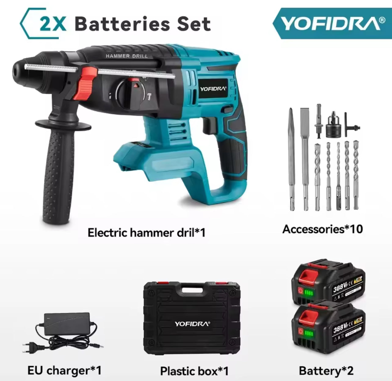 YOFIDRA 26mm Brushless Electric Hammer Drill – Cordless Multifunctional Rotary Tool, Rechargeable, Compatible with Makita Batteries