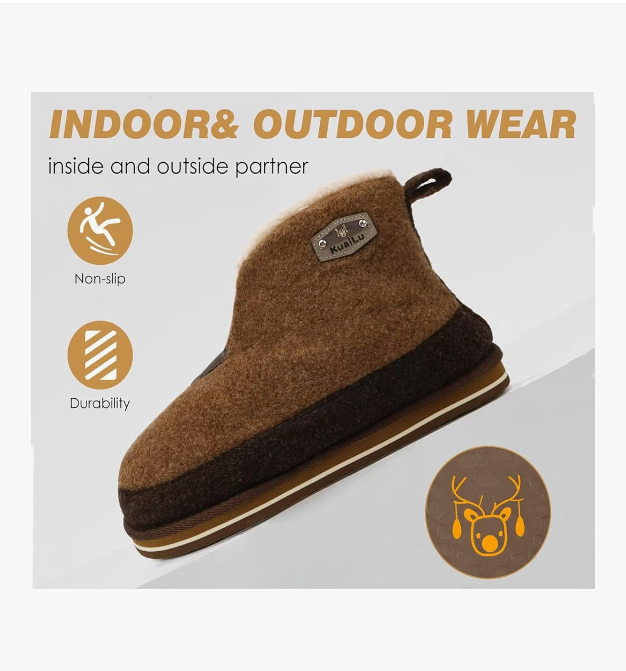 KuaiLu Mens Felt Winter Warm Boot Slippers Cosy Memory Foam Fleece Lined Bootie Slippers with Comfy Arch Support House Shoes Non-Slip Indoor Outdoor Hard Sole