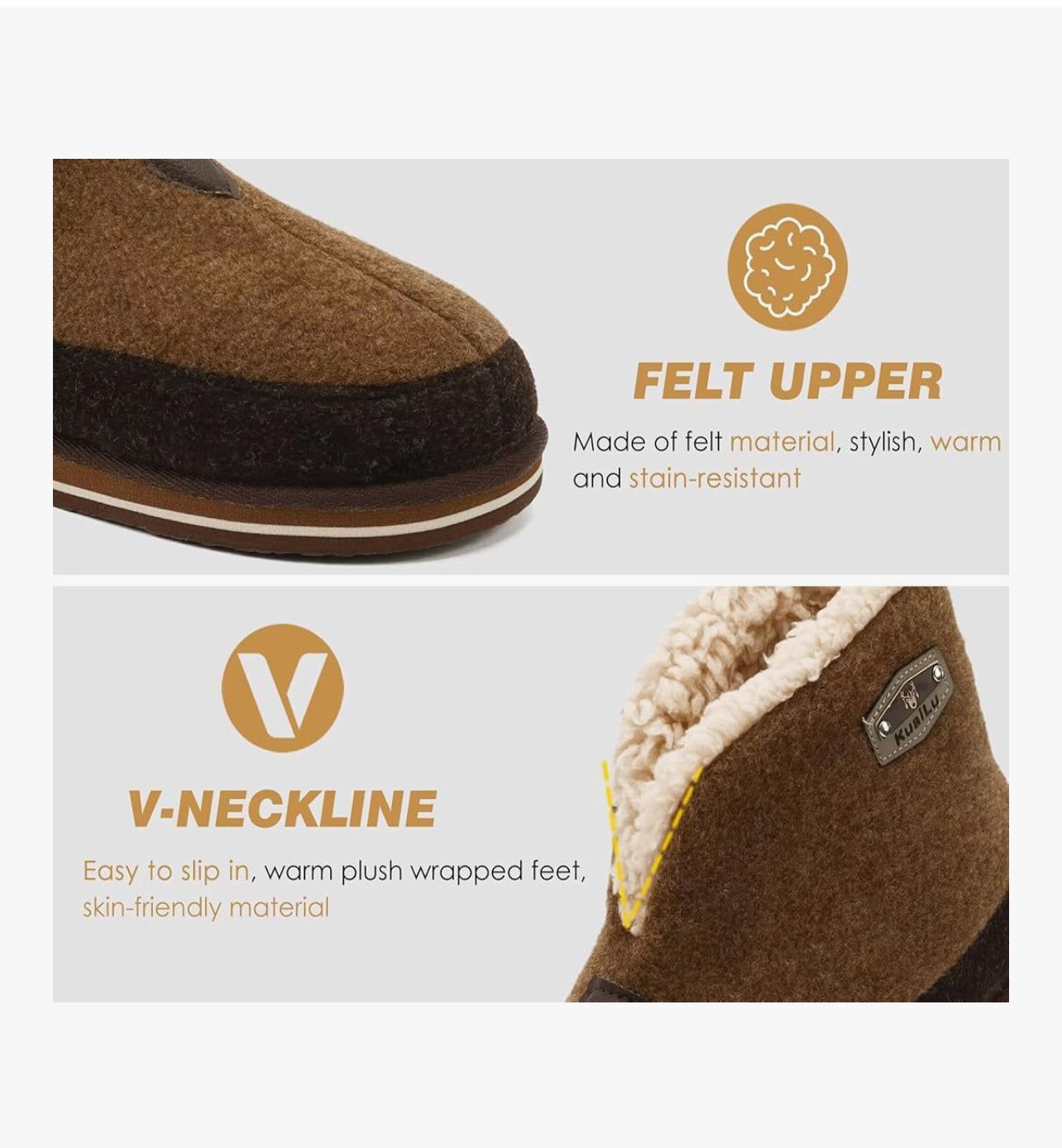 KuaiLu Mens Felt Winter Warm Boot Slippers Cosy Memory Foam Fleece Lined Bootie Slippers with Comfy Arch Support House Shoes Non-Slip Indoor Outdoor Hard Sole