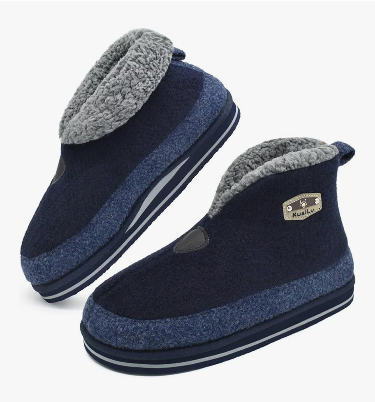 KuaiLu Mens Felt Winter Warm Boot Slippers Cosy Memory Foam Fleece Lined Bootie Slippers with Comfy Arch Support House Shoes Non-Slip Indoor Outdoor Hard Sole