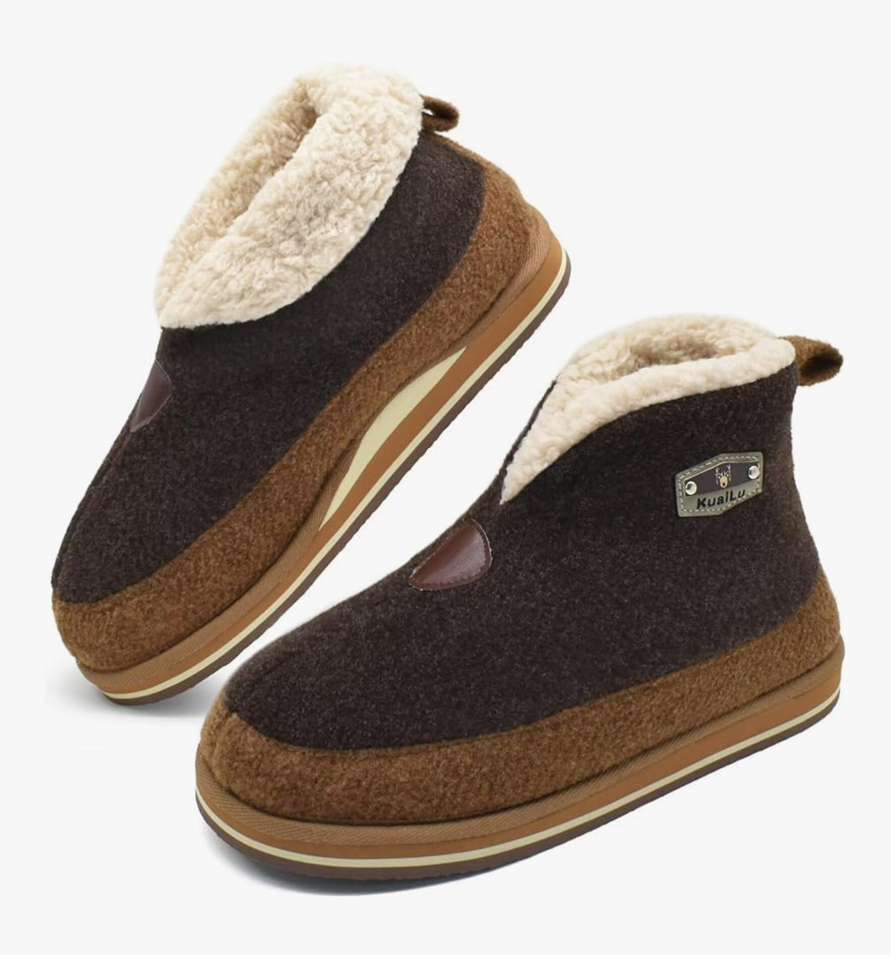 KuaiLu Mens Felt Winter Warm Boot Slippers Cosy Memory Foam Fleece Lined Bootie Slippers with Comfy Arch Support House Shoes Non-Slip Indoor Outdoor Hard Sole