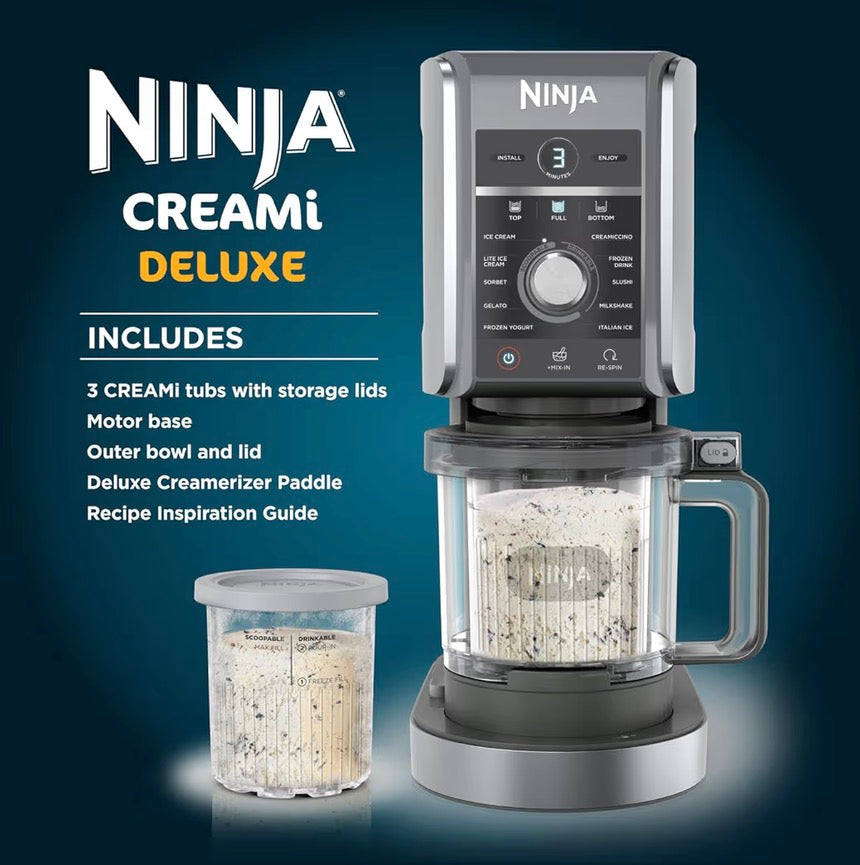 CREAMi Deluxe Ice Cream Maker & Frozen Dessert Maker with 3 Tubs, 10 Functions, Makes Ice Cream, Gelato, Sorbet, Frozen Yoghurt, Milkshakes, Slushi & More, 2-in-1 Flavour Option, Silver, NC501UK