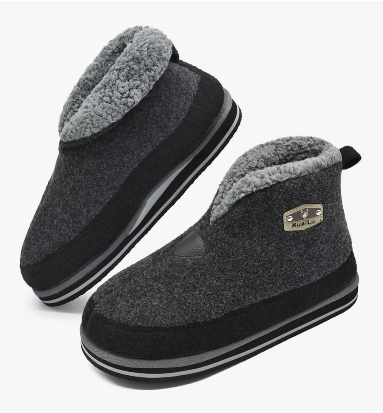 KuaiLu Mens Felt Winter Warm Boot Slippers Cosy Memory Foam Fleece Lined Bootie Slippers with Comfy Arch Support House Shoes Non-Slip Indoor Outdoor Hard Sole