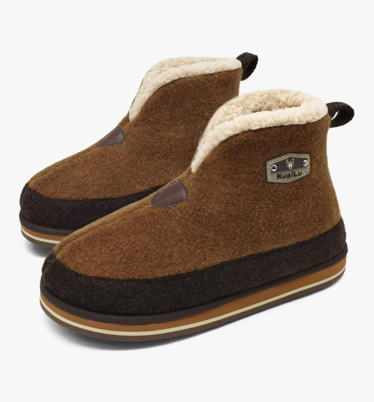KuaiLu Mens Felt Winter Warm Boot Slippers Cosy Memory Foam Fleece Lined Bootie Slippers with Comfy Arch Support House Shoes Non-Slip Indoor Outdoor Hard Sole
