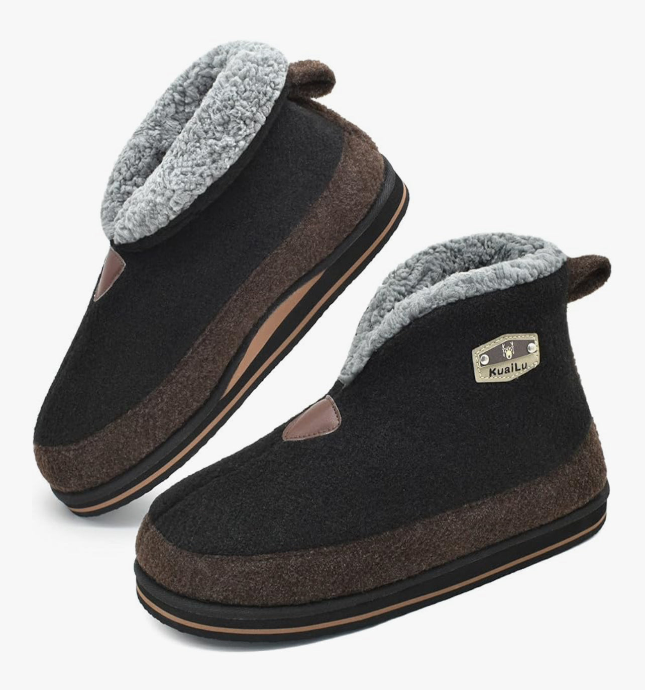 KuaiLu Mens Felt Winter Warm Boot Slippers Cosy Memory Foam Fleece Lined Bootie Slippers with Comfy Arch Support House Shoes Non-Slip Indoor Outdoor Hard Sole