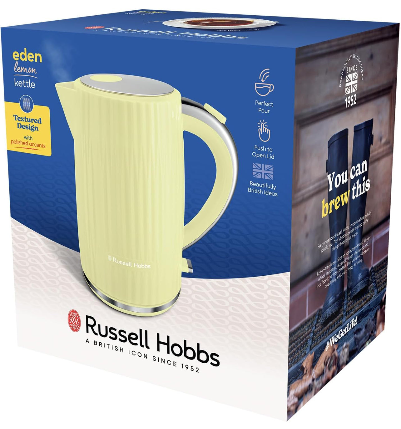 Russell Hobbs Electric Kettle (Hot Water, Tea or Coffee, 1.7L, Push to Open Lid, Perfect Pour Spout, Removable Washable Filter, Illuminated Switch, Chrome Accents, Lemon, 3000W) Eden 27363