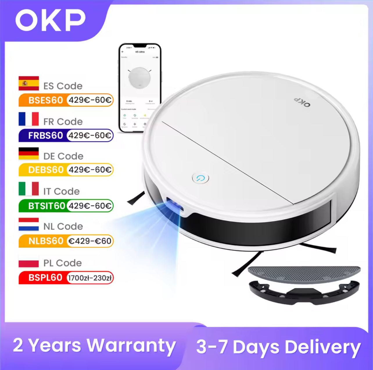 OKP K5 Ultra Robot Vacuum Cleaner – 5500Pa Suction, ToF Laser Mapping, 190° Obstacle Avoidance, 200-Min Runtime, App Control