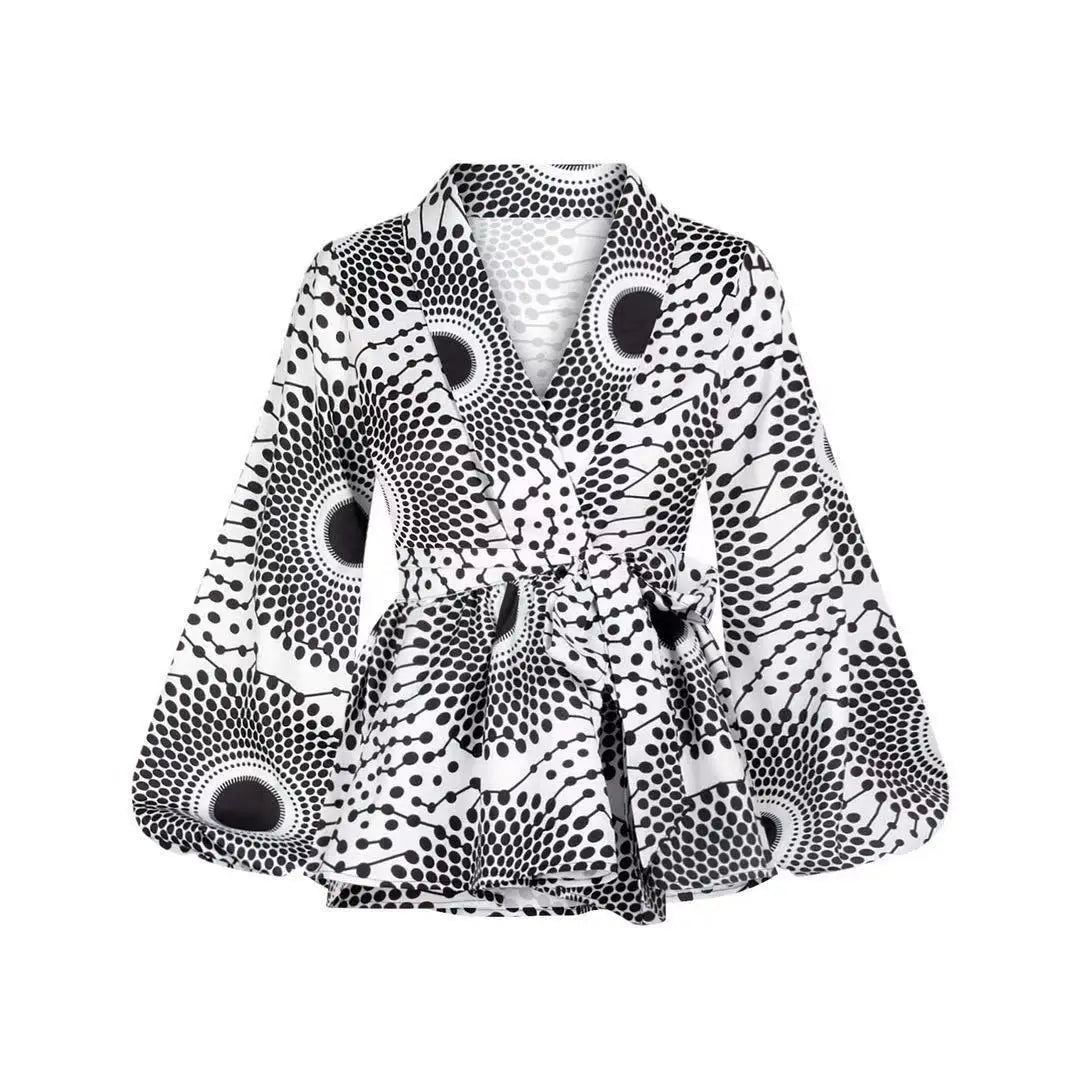 African Clothes for Women 2024 Summer African Women V-Neck Polyester Printing Long Sleeve T-Shirt Women Top African Clothing