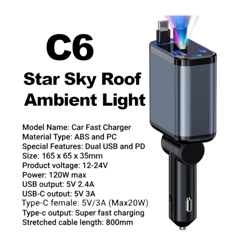 120W Retractable Fast Charger for Apple Devices - Type-C USB, Digital Display, PD QC3.0 Cigarette Lighter Adapter