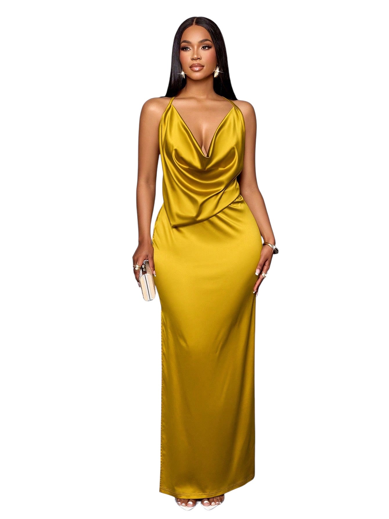 Elegant Solid Color Draped Collar Backless Satin Bodycon Dress – Perfect for Christmas, Vacation & Dating