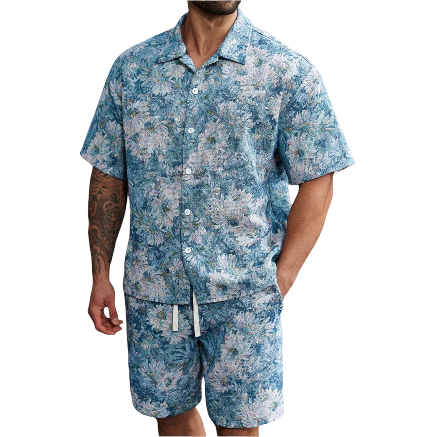 Manfinity CasualCool Plus Size Men’s Floral Jacquard Two-Piece Set – Short Sleeve Button-Up Shirt & Matching Shorts, Casual Summer Outfit