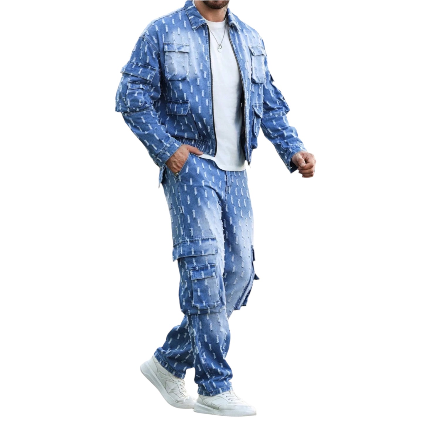 Men’s 2-Piece Casual Outfit Set – Long Sleeve Jacket and Jeans Pants | Stylish Homme Tracksuit for Streetwear or Everyday Wear