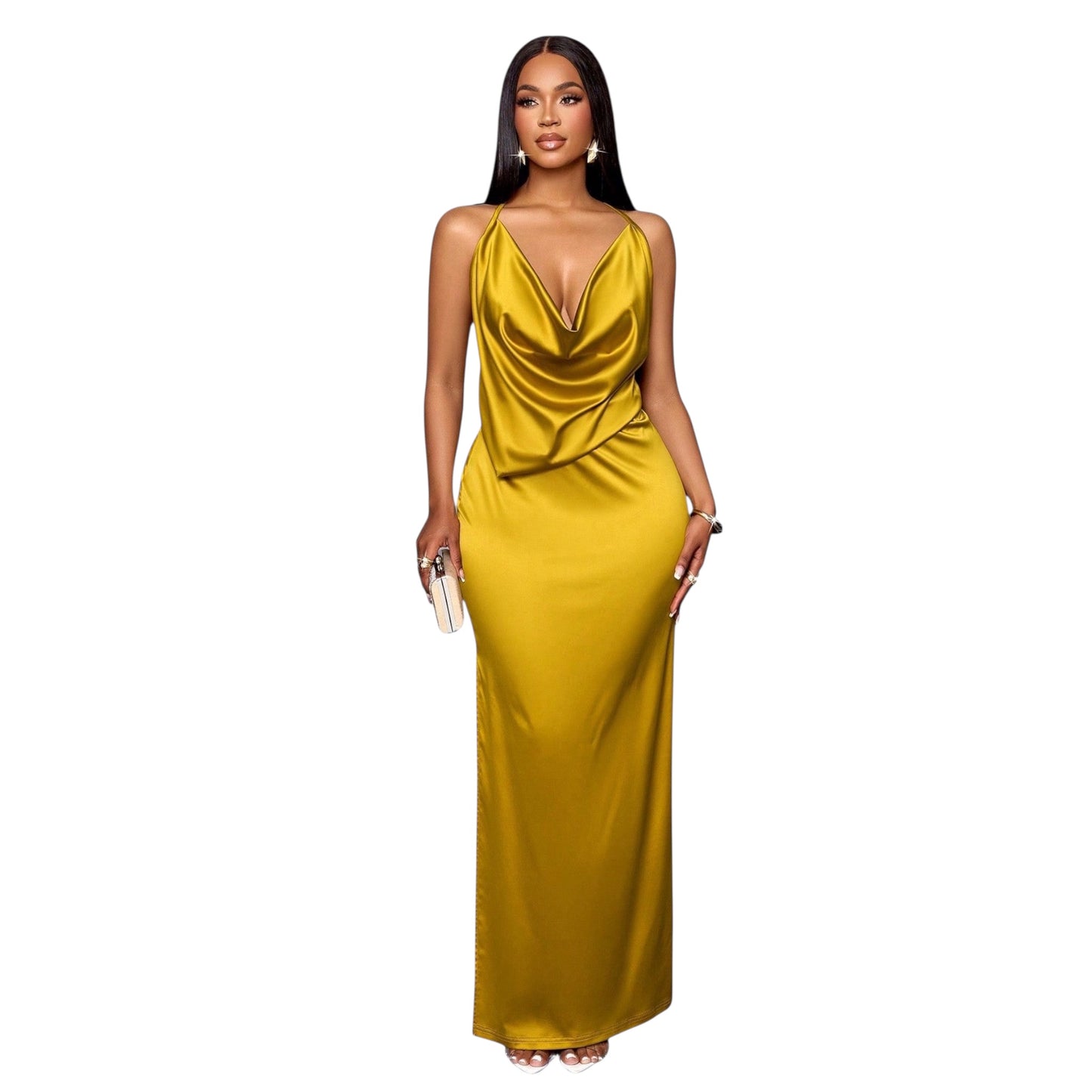 Elegant Solid Color Draped Collar Backless Satin Bodycon Dress – Perfect for Christmas, Vacation & Dating