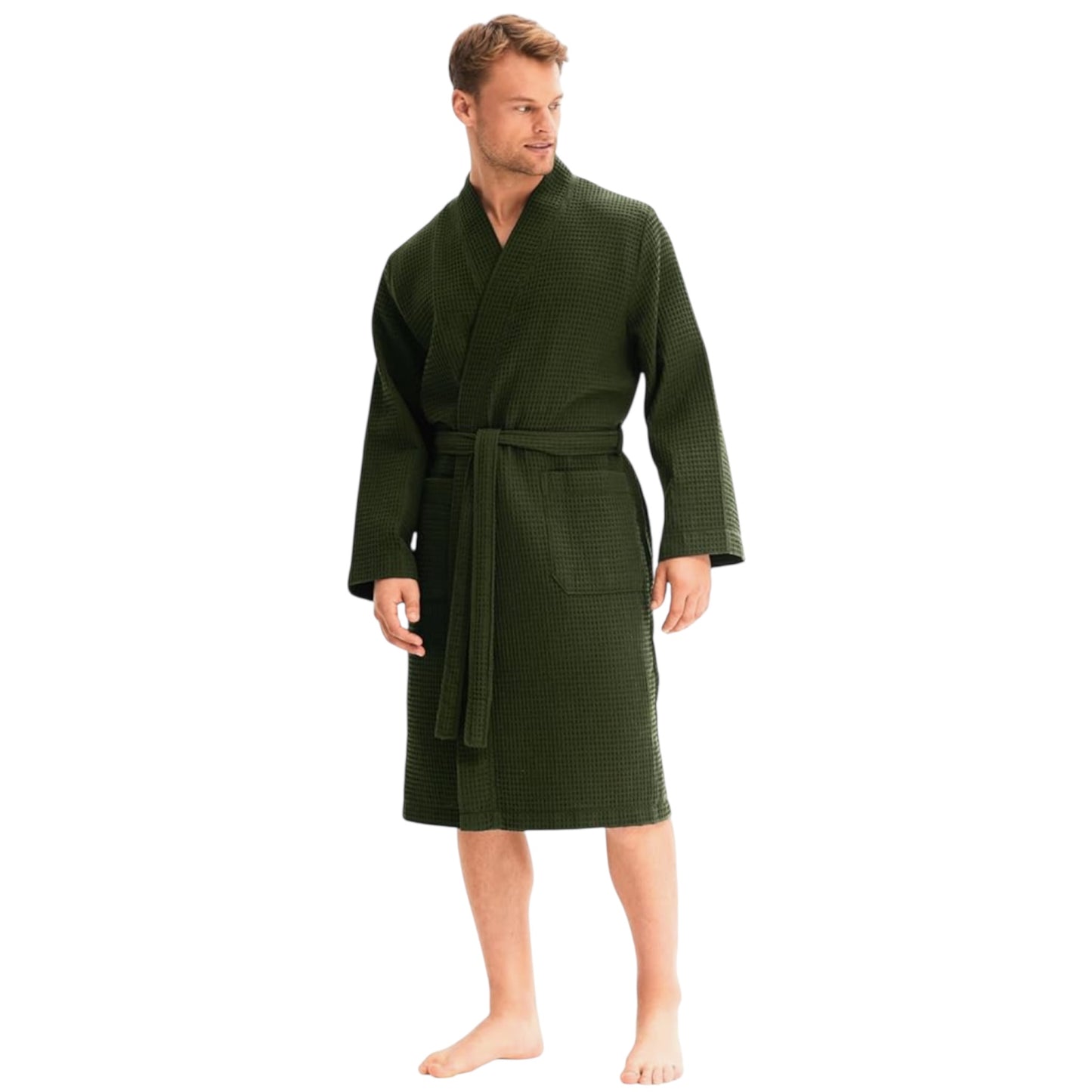 Men's Waffle Dressing Gown – 100% Cotton Lightweight Kimono Bathrobe