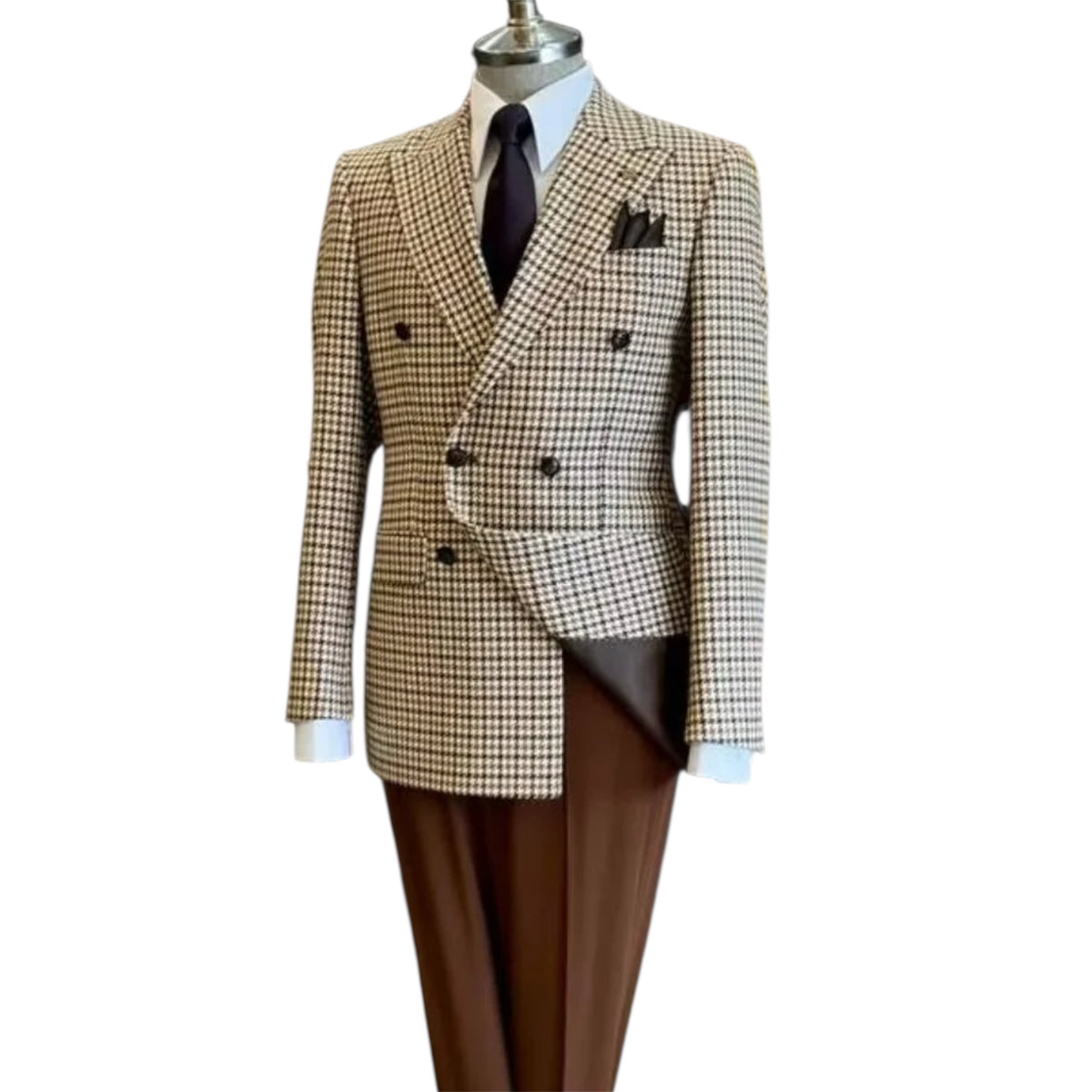 Men's Brown Houndstooth Double Breasted Suit Set