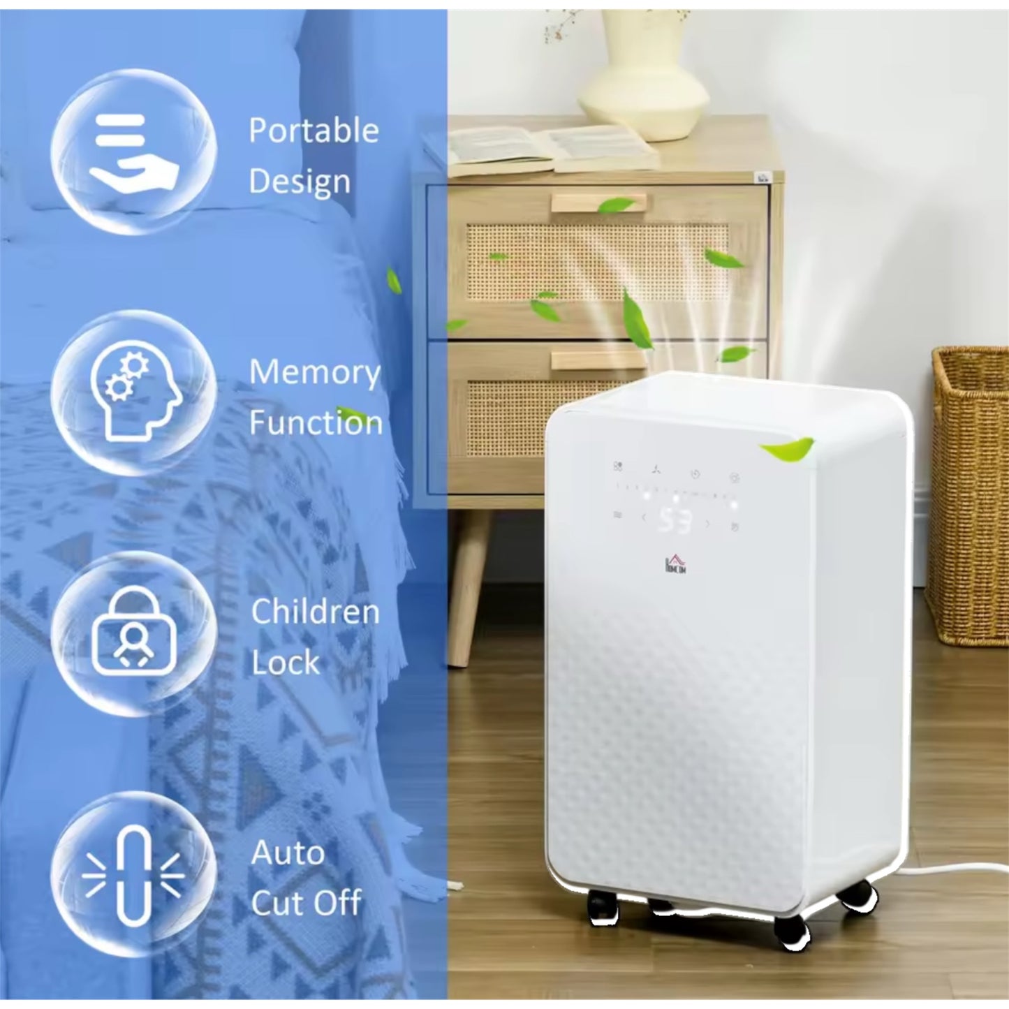 HOMCOM 12L/Day Portable Quiet Air Dehumidifier with Purifier, Timer, and 5 Modes