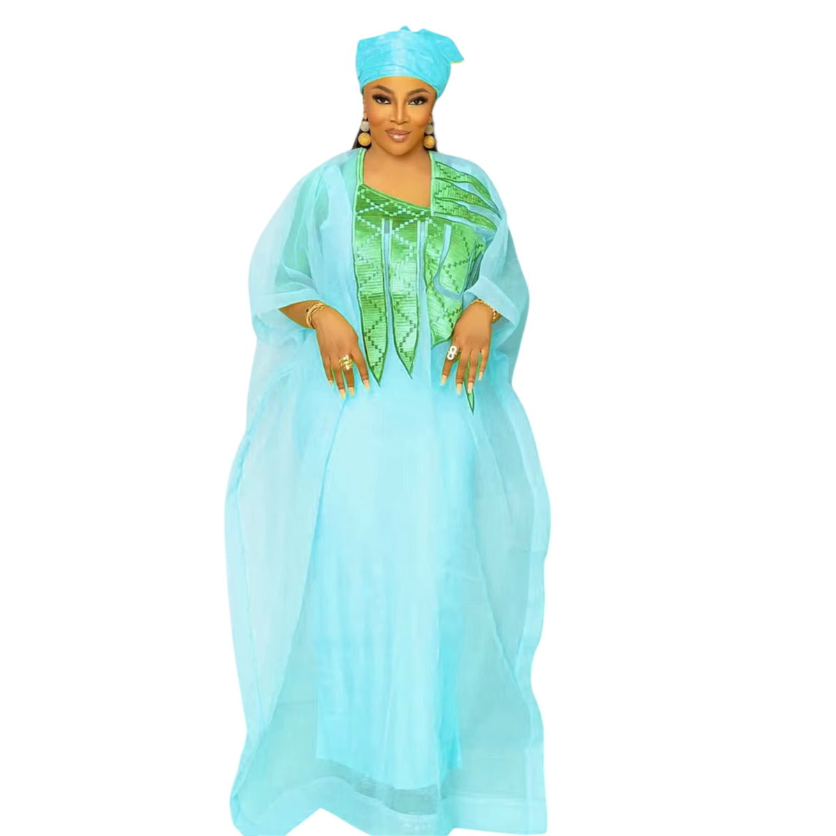 Women's Embroidered African Abaya Style Dress, Sky Blue