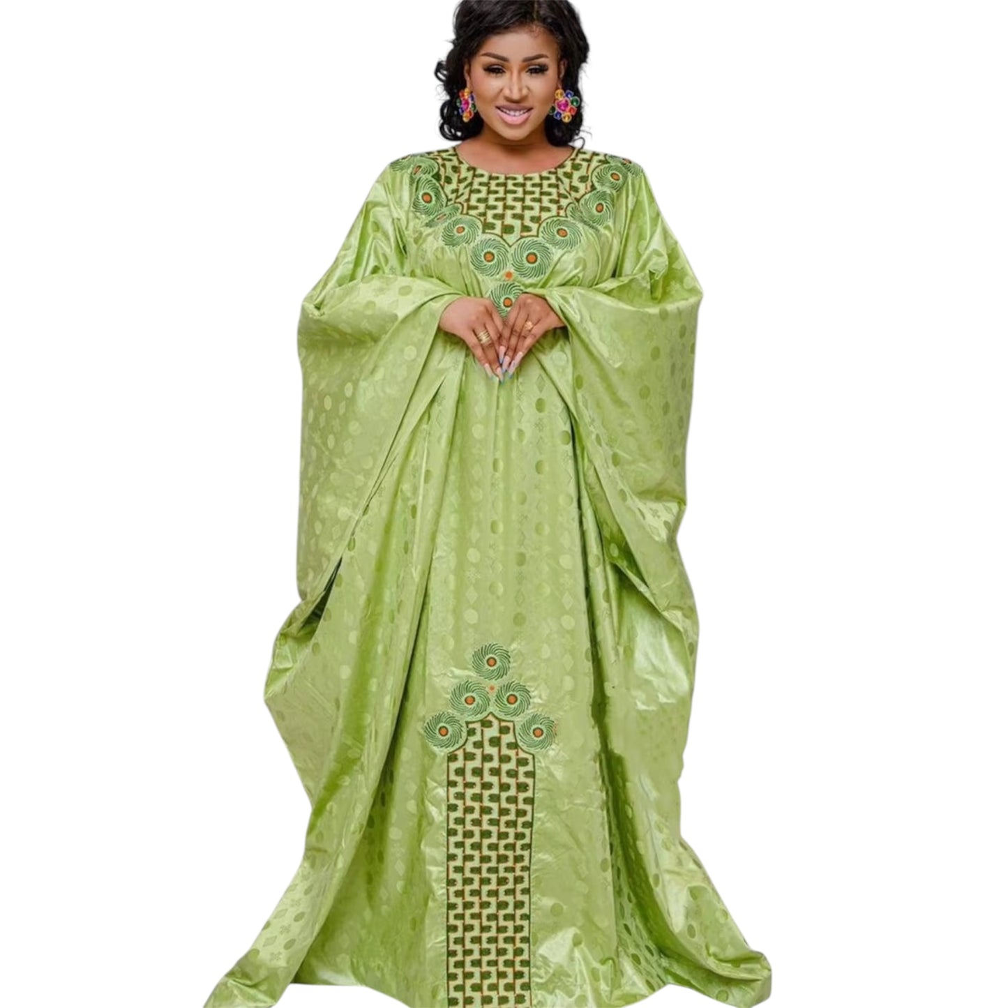African Dress for Women – Dashiki Embroidered Bazin Gown, Ankara Green Robe for Weddings & Parties (Delivered within 2-3 weeks from the day of purchase)