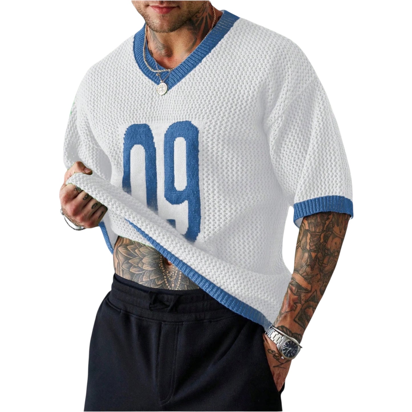 Manfinity Homme Men'S Casual Knit Short Sleeve V-Neck Numeric Print Top Football Jersey Men Mesh Jersey Men Knit Top Men