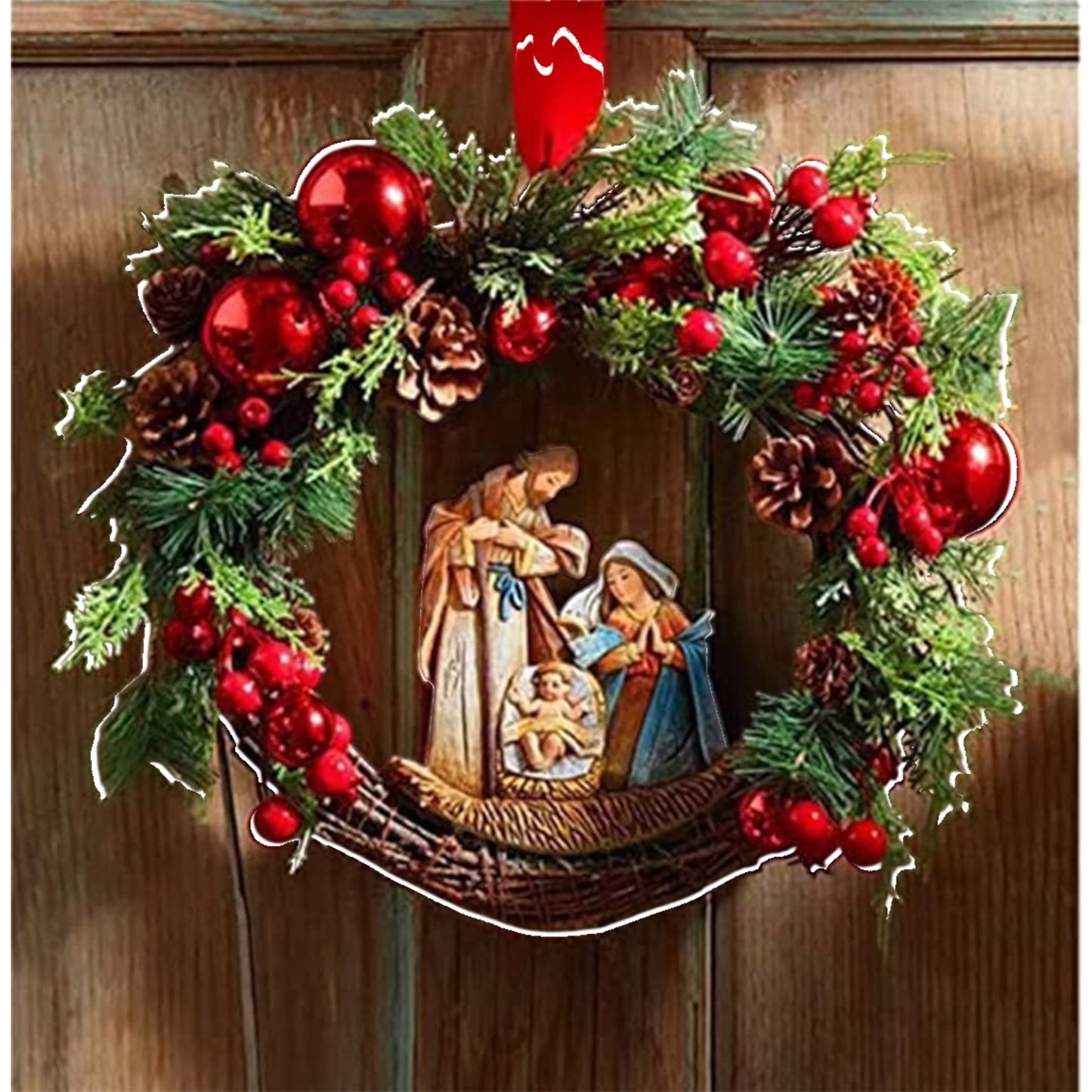 Sacred Retro Red Christmas Wreath with LED Light, Artificial Flocked Wreath with Mixed Decorations for Window, Porch, Wall Mantel (D)