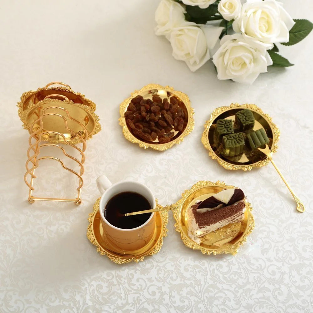 Vintage Zinc Alloy Golden Cocktail Coaster Metal Exquisite Cake Tray Setsilver Plated Mat Placemat Snack Tray Dishes Rack Set