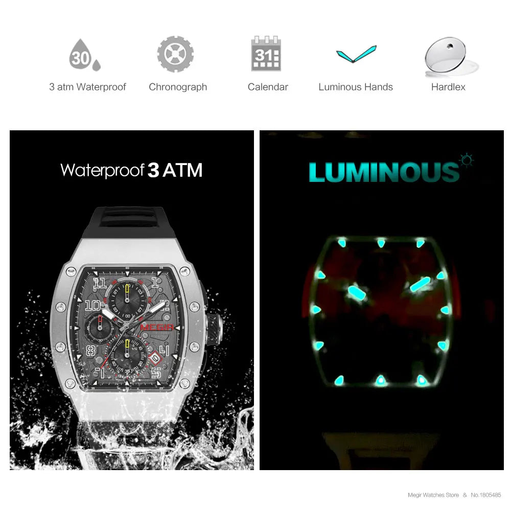 316 Stainless Steel Quartz Watch for Men Fashion Waterproof Luminous Chronograph Wristwatch with Auto Date Silicone Strap