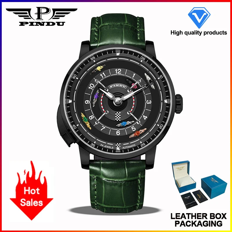 PINDU New Horse Racing Series Men Mechanical Watch NH35 Movement Horse Racing Wheel Game Design Sapphire 50M Waterproof Watch