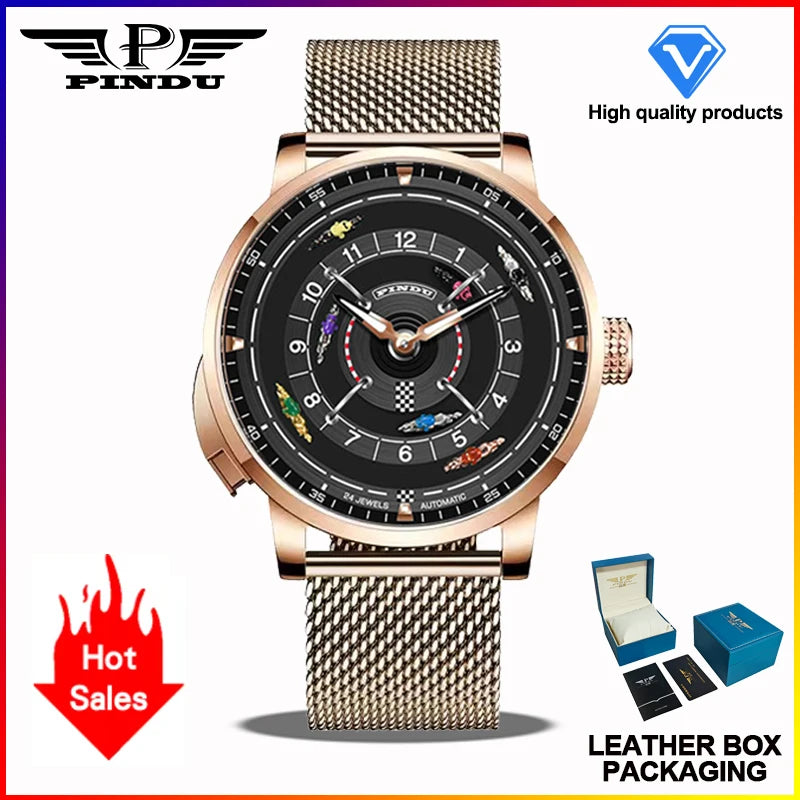 PINDU New Horse Racing Series Men Mechanical Watch NH35 Movement Horse Racing Wheel Game Design Sapphire 50M Waterproof Watch