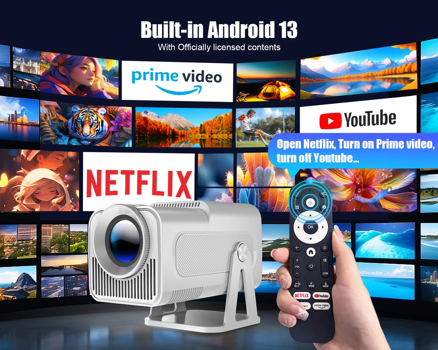 Netflix Officially Licensed Android 13 HY320 NTV Mini Projector with Amlogic S950D4 1080P 500ANSI Dual Wifi BT5.2 Voice