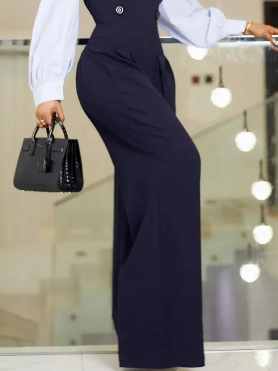 Freeacy Urban Women'S Work Suit Lapel Collar Long Sleeves Split-Join High Waist Loose Overalls Wide Leg Floor Length Jumpsuits