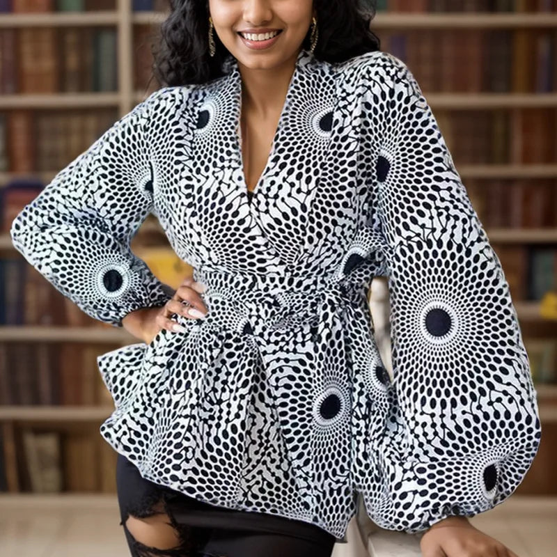 African Clothes for Women 2024 Summer African Women V-Neck Polyester Printing Long Sleeve T-Shirt Women Top African Clothing