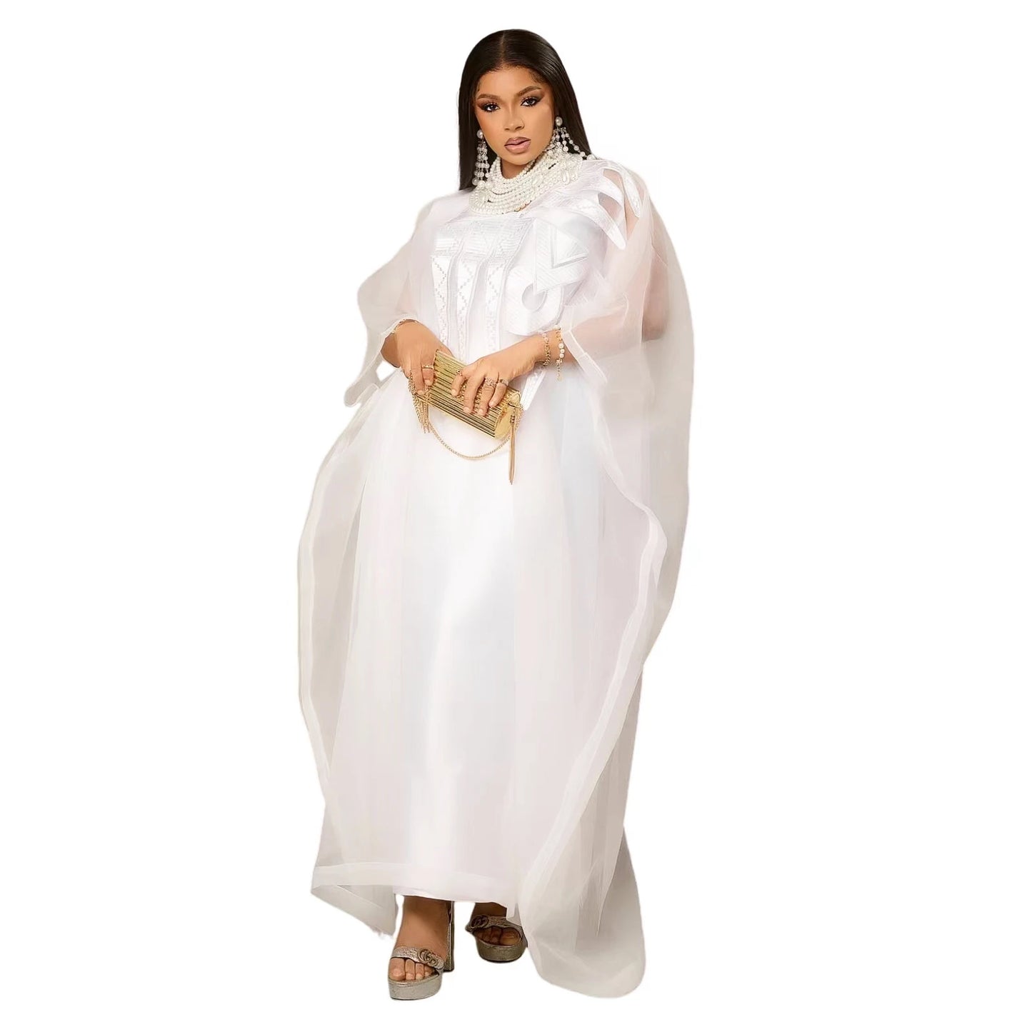 African Attire for Women White Abaya Embroidery plus Size Elegant Party Church Dress