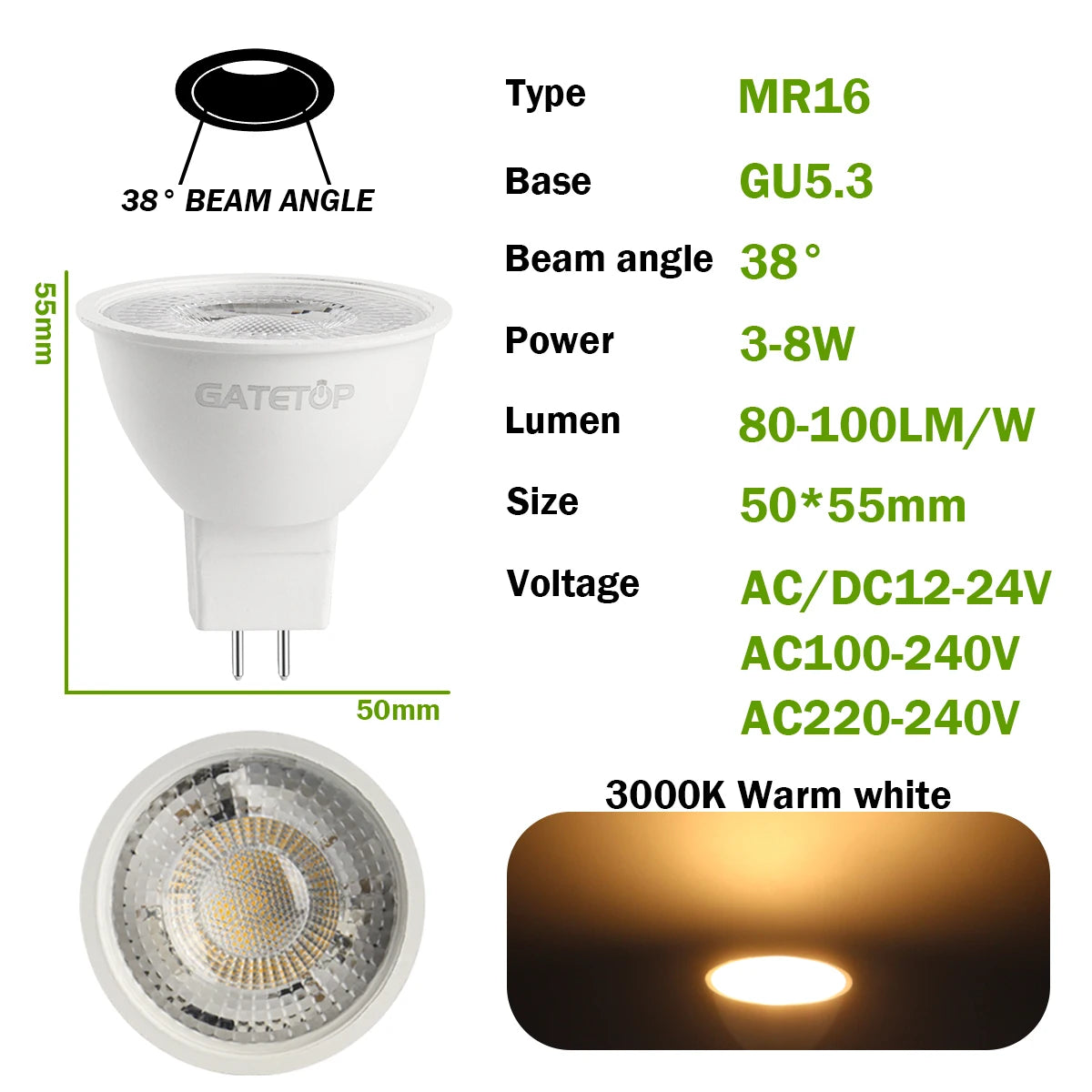 10-Pack MR16 GU5.3 LED Spotlight Bulbs, Compatible with 50W Halogen, AC 110V/220V/12V, Ideal for Home Lighting