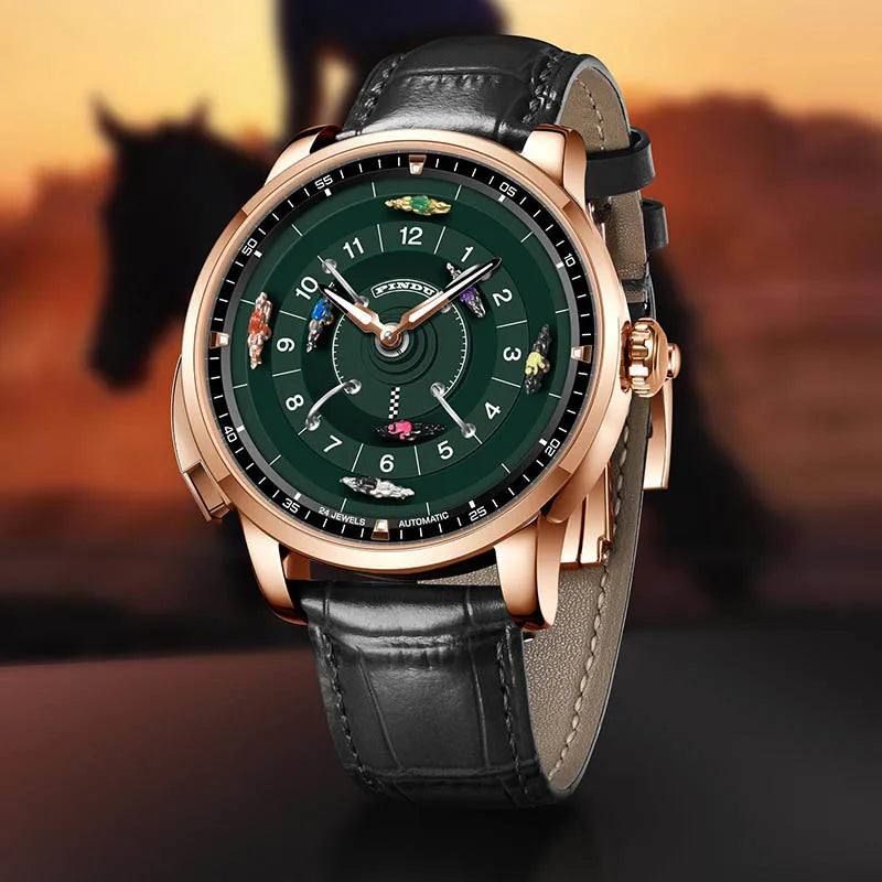 PINDU New Horse Racing Series Men Mechanical Watch NH35 Movement Horse Racing Wheel Game Design Sapphire 50M Waterproof Watch