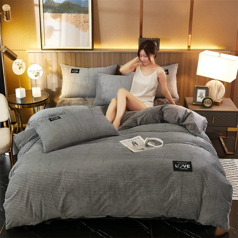 3Pcs Duvet Cover Winter Warm Bedding Sets Double Quilt Cover King Twin Queen Size Bed Thick Flano Coral Fleece with Pillowscase
