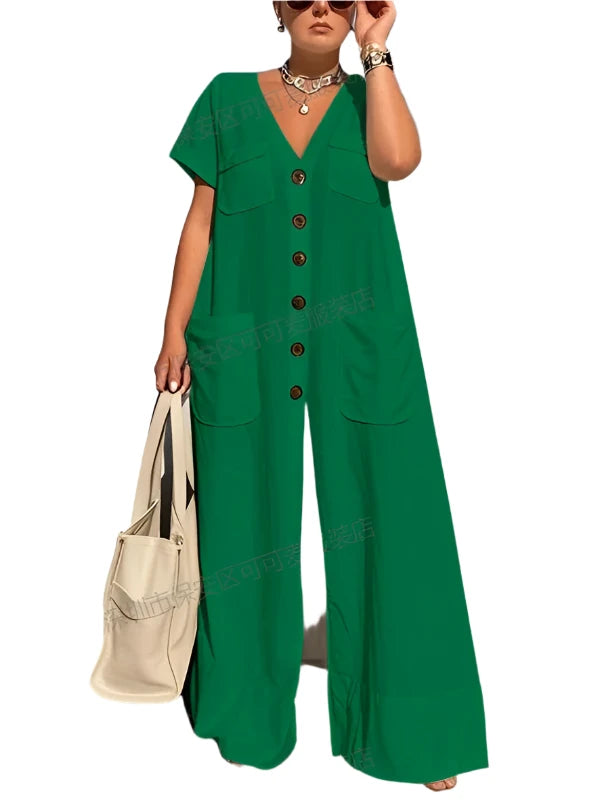 New Summer V-Neck Single-Breasted Women'S Jumpsuits Fashion Pocket Elegant Office Rompers Casual Loose Oversized Women Jumpsuit