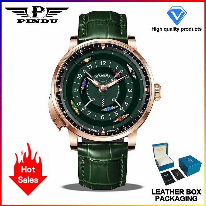 PINDU New Horse Racing Series Men Mechanical Watch NH35 Movement Horse Racing Wheel Game Design Sapphire 50M Waterproof Watch