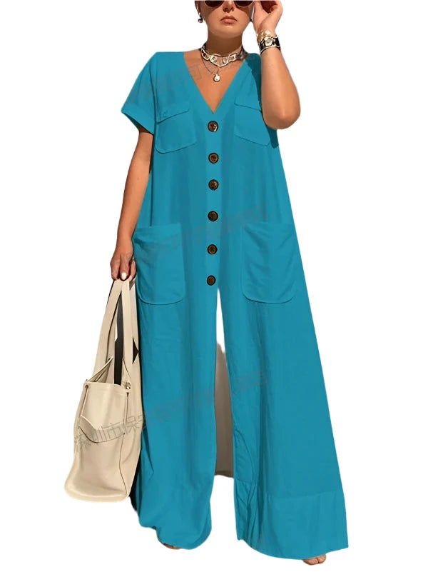 New Summer V-Neck Single-Breasted Women'S Jumpsuits Fashion Pocket Elegant Office Rompers Casual Loose Oversized Women Jumpsuit
