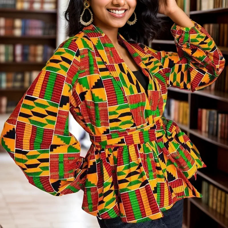 African Clothes for Women 2024 Summer African Women V-Neck Polyester Printing Long Sleeve T-Shirt Women Top African Clothing