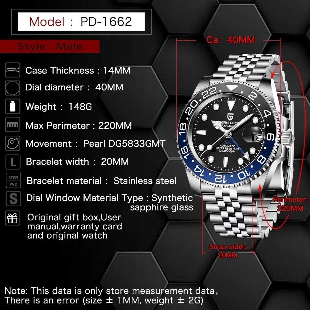 40MM Ceramic GMT Automatic Watch Men'S Mechanical Watch Sapphire Glass 100M Waterproof Men'S Mechanical Watch
