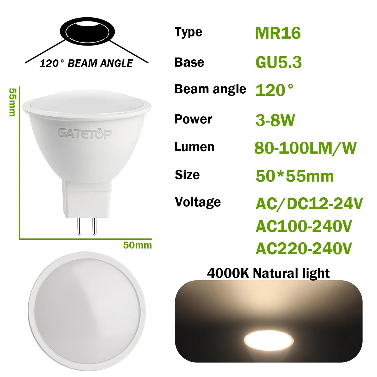 10-Pack MR16 GU5.3 LED Spotlight Bulbs, Compatible with 50W Halogen, AC 110V/220V/12V, Ideal for Home Lighting