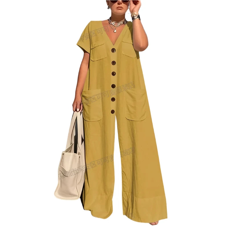 New Summer V-Neck Single-Breasted Women'S Jumpsuits Fashion Pocket Elegant Office Rompers Casual Loose Oversized Women Jumpsuit