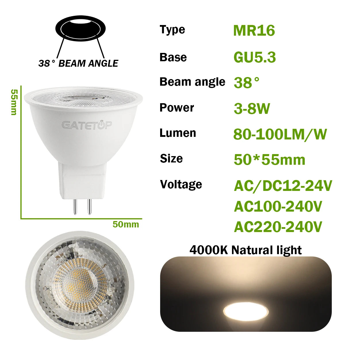 10-Pack MR16 GU5.3 LED Spotlight Bulbs, Compatible with 50W Halogen, AC 110V/220V/12V, Ideal for Home Lighting