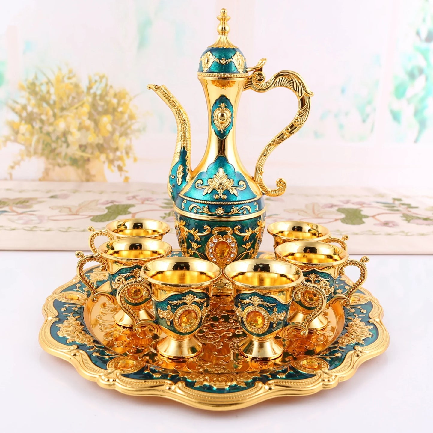 1Set Vintage Metal Turkish Coffee Pot Set European Style Tea Set 6 Luxury Coffee Cups Craft Tea Tray and Teapot for Serving Tea
