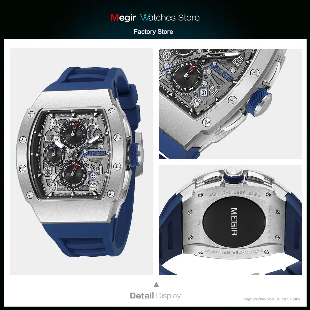 316 Stainless Steel Quartz Watch for Men Fashion Waterproof Luminous Chronograph Wristwatch with Auto Date Silicone Strap