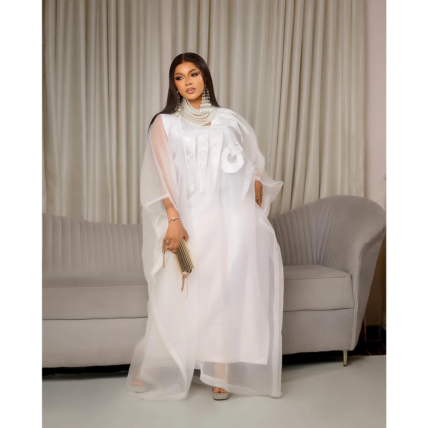 African Attire for Women White Abaya Embroidery plus Size Elegant Party Church Dress